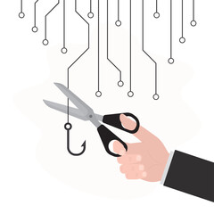 Human hand uses scissors and cut off fishing hook. Fight against scam, internet phishing. Smart user does not become victim of scammers and thieves. Cyber bait, deceit.