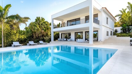 Fototapeta premium Modern white villa with infinity pool reflecting the building, surrounded by lush tropical greenery under a bright sky