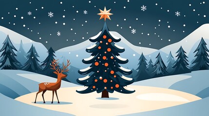Naklejka premium Snowy Night Christmas Scene: Digital Illustration of a Reindeer and Decorated Tree AI Generated