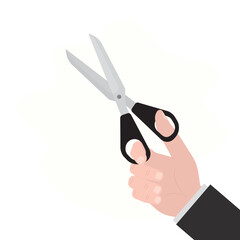 Businessman hand holding scissors. Design isolated on white background. Male hairdresser, tailor. Worker man with tool.