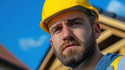 Man with beard wearing yellow hard hat and blue safety vest against scaffolding and blue sky. Construction worker concept for industrial safety campaigns and building trade recruitment