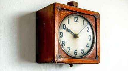 Naklejka premium A vintage wooden-cased clock with a round white face and black numerals is mounted on a light-colored wall, showing the time.