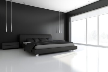 Fototapeta premium Modern black bedroom with large window and sleek furniture.