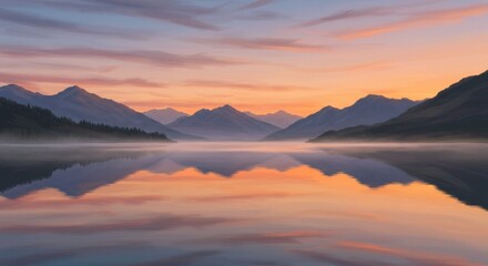 Fototapeta premium Serene mountain landscape at sunset with tranquil lake reflecting colors
