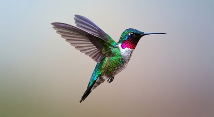 Fototapeta premium Vibrant hummingbird hovering in mid-air against a soft gradient background