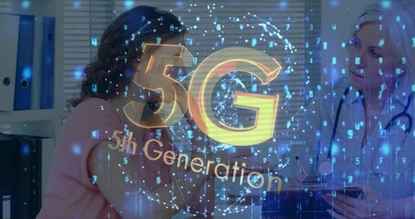 5G technology animation over doctor consulting patient in medical office - Powered by Adobe