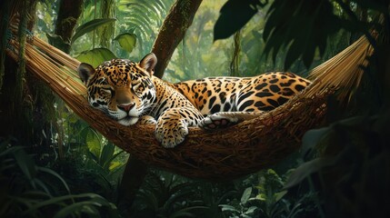 A jaguar lying peacefully in a hammock of vines, nestled in the heart of the jungle. The jaguars sleek body is relaxed, and its eyes are closed in deep sleep.