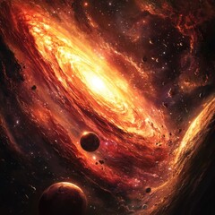 Obraz premium A mesmerizing deep-space scene featuring a colossal glowing galaxy at the center, radiating intense golden and fiery red light.