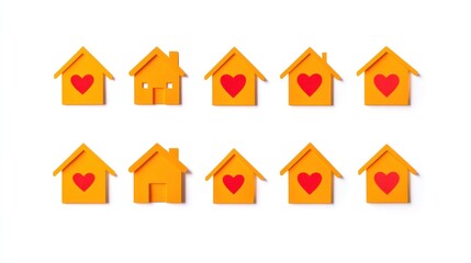 Orange house models with hearts, isolated on white, real estate concept