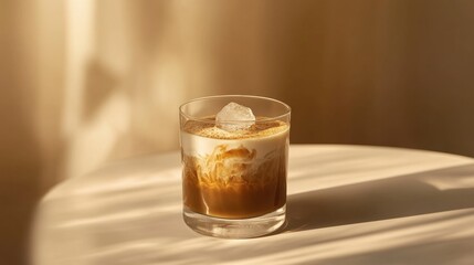A minimalist coffee with liqueur advertisement, cinematic style. Featuring a simple and elegant composition of a small liqueur glass cup filled with coffee and ice cubes