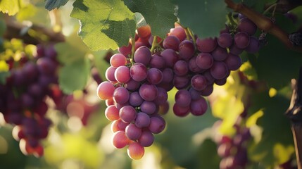 Bunch of red grapes hanging from vine in vineyard during sunset