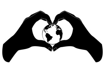 Cuida el planeta Tierra. Día internacional del medio ambiente. El planeta Tierra entre dos manos formando la silueta de un corazón. Ama y protege tu planeta © Montsilus