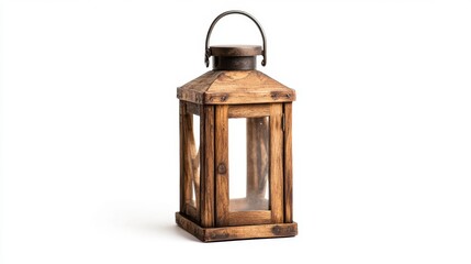 Rustic brown wooden lantern with metal handle and clear glass panels, isolated on white background. Simple, elegant