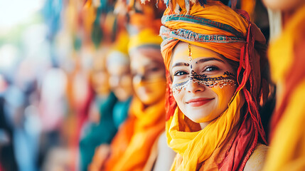 Fototapeta premium Portrait of smiling woman with traditional face paint, colorful turban, celebrating cultural festival with vibrant attire and joyful expression