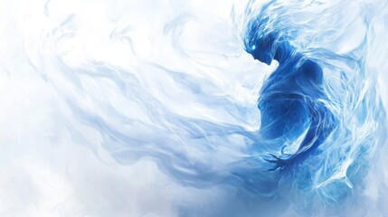 Fototapeta premium A swirling, icy mist forming intricate patterns in the air, slowly dispersing across the white background. The mist glows faintly with shades of blue and white