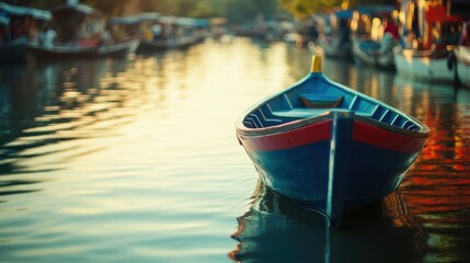 Obraz premium Colorful Wooden Boat Floating on Serene River at Sunset