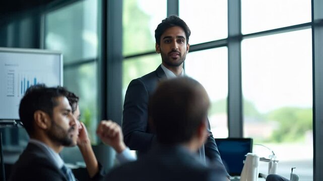 Professional man in formal attire analyzing the company's economic and financial data in business presentation or meeting.