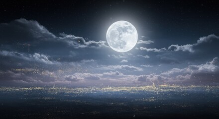 Fototapeta premium Majestic full moon illuminating a city skyline at night with vibrant clouds