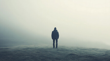 Obraz premium Solitude man standing alone misty landscape contemplating life journey mysterious foggy atmosphere moody emotional scene