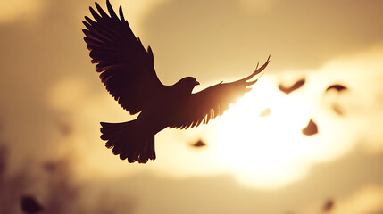 Obraz premium Silhouette bird flying freely sunset sky, symbolizing freedom, peace, and hope with warm golden sunlight creating serene and inspiring atmosphere