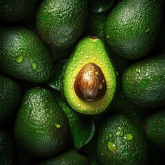 Avocado, hyperrealistic, high-resolution, high-definition, macro photography, vibrant green background, surrounded by other avocados, water droplets on the surface of the avocado