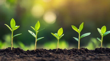 Fototapeta premium Young plants growing in soil, green seedlings sprouting outdoors, nature growth concept with sunlight, gardening and agriculture background image