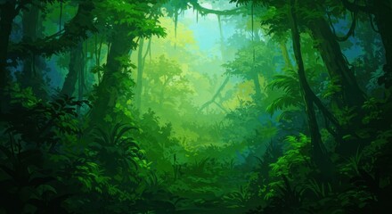 Lush Green Jungle Scene with Dense Foliage and Soft Light Filtering Through Trees