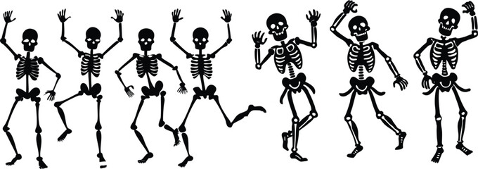 Skeletons dancing with different positions flat style design vector illustration set. Funny dancing Halloween or Day of the dead skeletons collection. Creepy, scary human bones characters silhouettes.