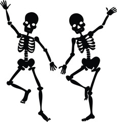 Skeletons dancing with different positions flat style design vector illustration set. Funny dancing Halloween or Day of the dead skeletons collection. Creepy, scary human bones characters silhouettes.