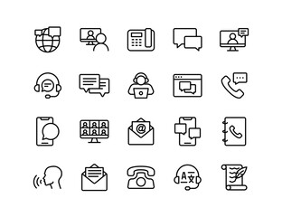 Communication & Networking Vector Icon Set | Adjustable Line Weight | Global network, video call, fax, chat, customer support, social media, email, smartphone, translation, voice command icons