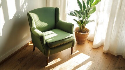 Fototapeta premium Sage green armchair sits in sunlit corner next to potted plant hardwood floor