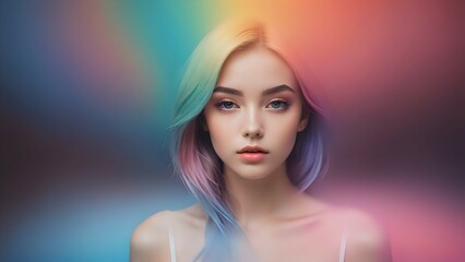 Naklejka premium Stunning portrait of a young woman with vibrant, multicolored hair against a colorful, blurred background. Perfect for beauty, fashion, or hair styling concepts.