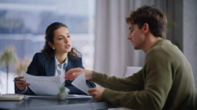 Professional advisor consulting man in glass office closeup. Lawyer consultation