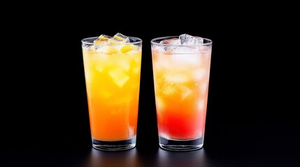 Two tall glasses of bubbly iced drinks, one orange and one red, on a dark background