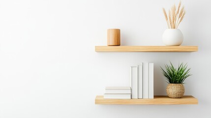 Wooden shelves against a white wall, decorated with books, plants, a vase, and a wooden cylinder. Minimalist and clean