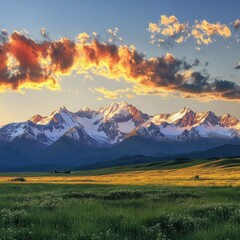 Fototapeta premium The golden light of the setting sun shines on the tall snowy mountains. It is shining, the sky is shining with colorful glow, very spectacular. Golden clouds drifted by