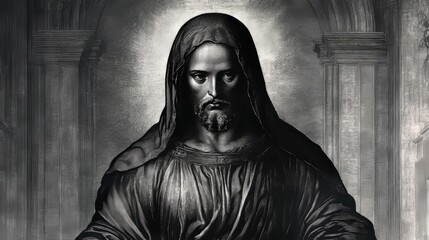 Biblical depiction of Jesus in grayscale, religious art, Christianity, Easter and Christmas concept