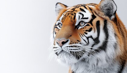 Naklejka premium A close-up of a tiger's face, set against a white background