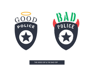 Two Police Badges Representing Good and Bad Cops. Isolated Vector Illustration