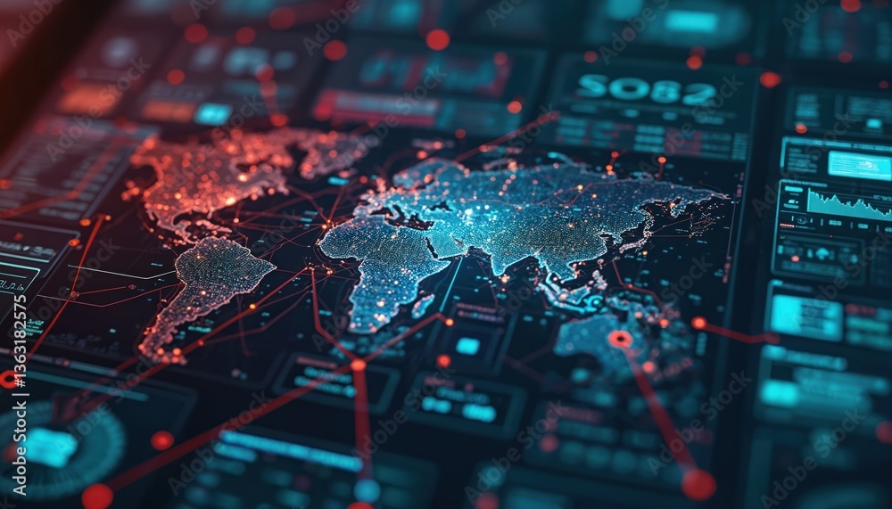 Poster High-tech computer screen displaying power grid map with risk indicators. Digital world map visualizes data network infrastructure. Analysis of electricity, data flow, surveillance, cyber security,