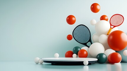 Dynamic 3D Render: Paddle Sports Equipment and Floating Balls on a Modern Display AI Generated