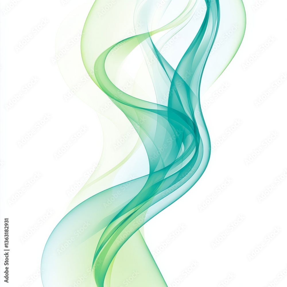 Poster abstract serenity: delicate green and teal waves flowing on a white background, evoking calm and flu