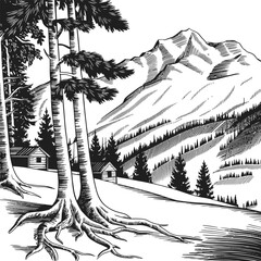 Hand drawn mountain design with pine trees. 