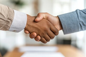 Business handshake over office desk	