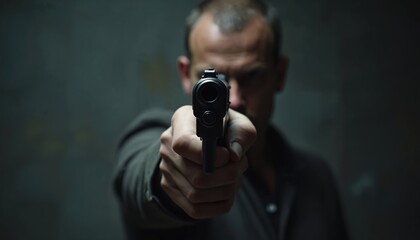 Man points handgun barrel forward. Threat, danger concept in dark background. Close-up of weapon. Criminal act or self-defense. Gun control theme, violence illustration.
