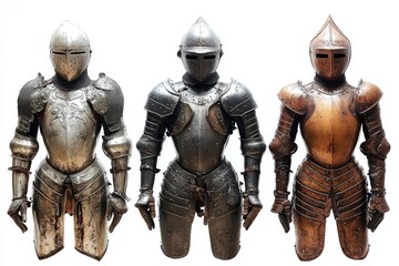 Three Antique Suits of Armor Displayed Together on White Background