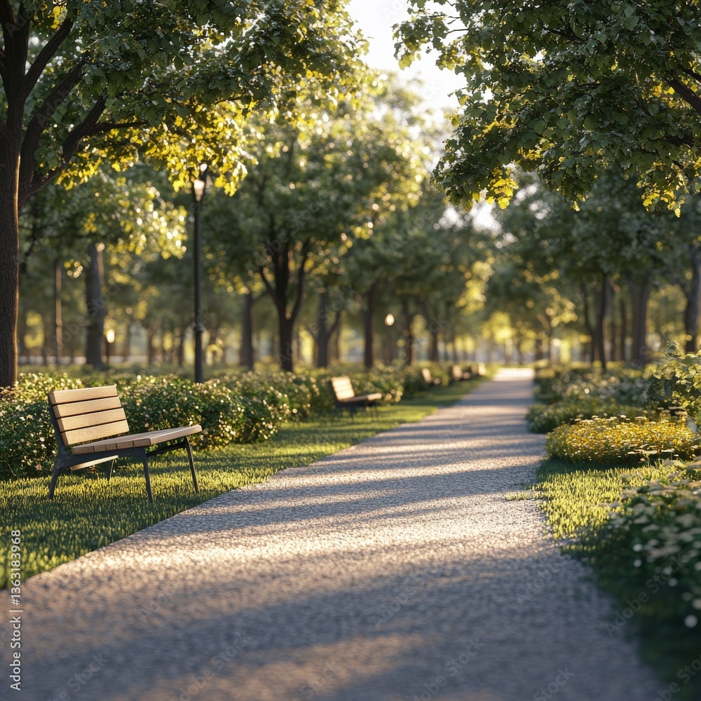 Poster A Serene Stroll: Sunlight Filtering Through Trees in a Park, with Benches Lining a Cobblestone Path Inviting Relaxation