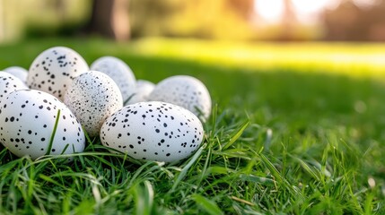 Naklejka premium Five white eggs adorned with black spots lie nestled in lush green grass, evoking the essence of springtime tranquility