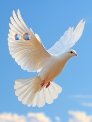 Obraz premium Majestic White Dove Soaring Freely Against a Serene Blue Sky Symbolizing Peace Hope and Spiritual Elevation Capturing the Essence of Tranquility and Grace