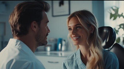 Obraz premium Radiant smile consultation, A dentist's connection with a pleased patient